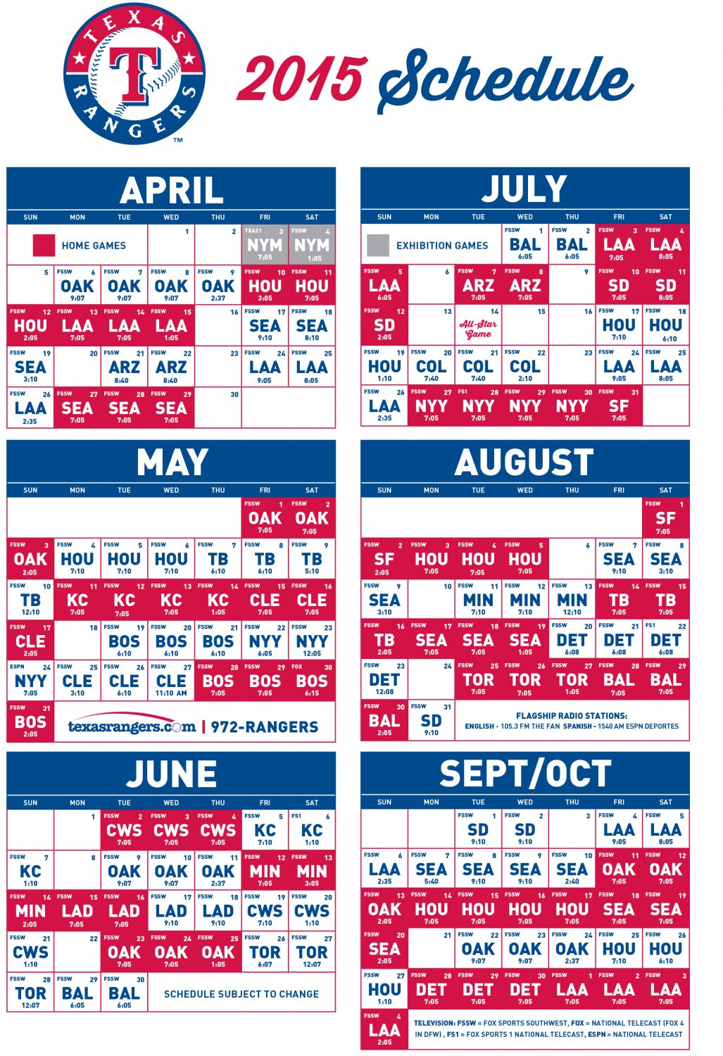 2015 Texas Rangers Baseball Pocket Schedule Gear Up Version