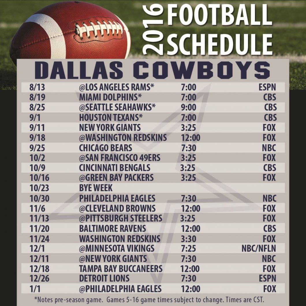 Cowboys Football Schedule for 20162017 Season